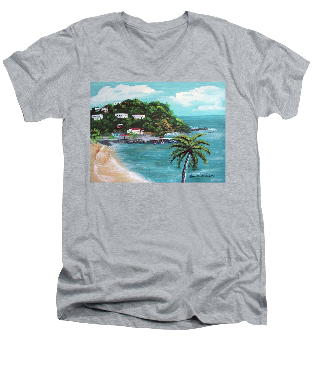Maunabo Puerto Rico Island Ocean Palms Mountains Fishing Village Men's V-Neck T-Shirt featuring the painting Maunabo Puerto Rico by Luis F Rodriguez