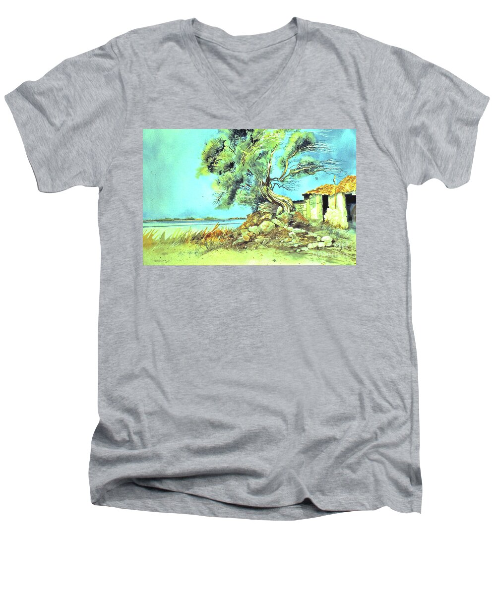  Men's V-Neck T-Shirt featuring the painting Mayorcan Tree by Douglas Teller