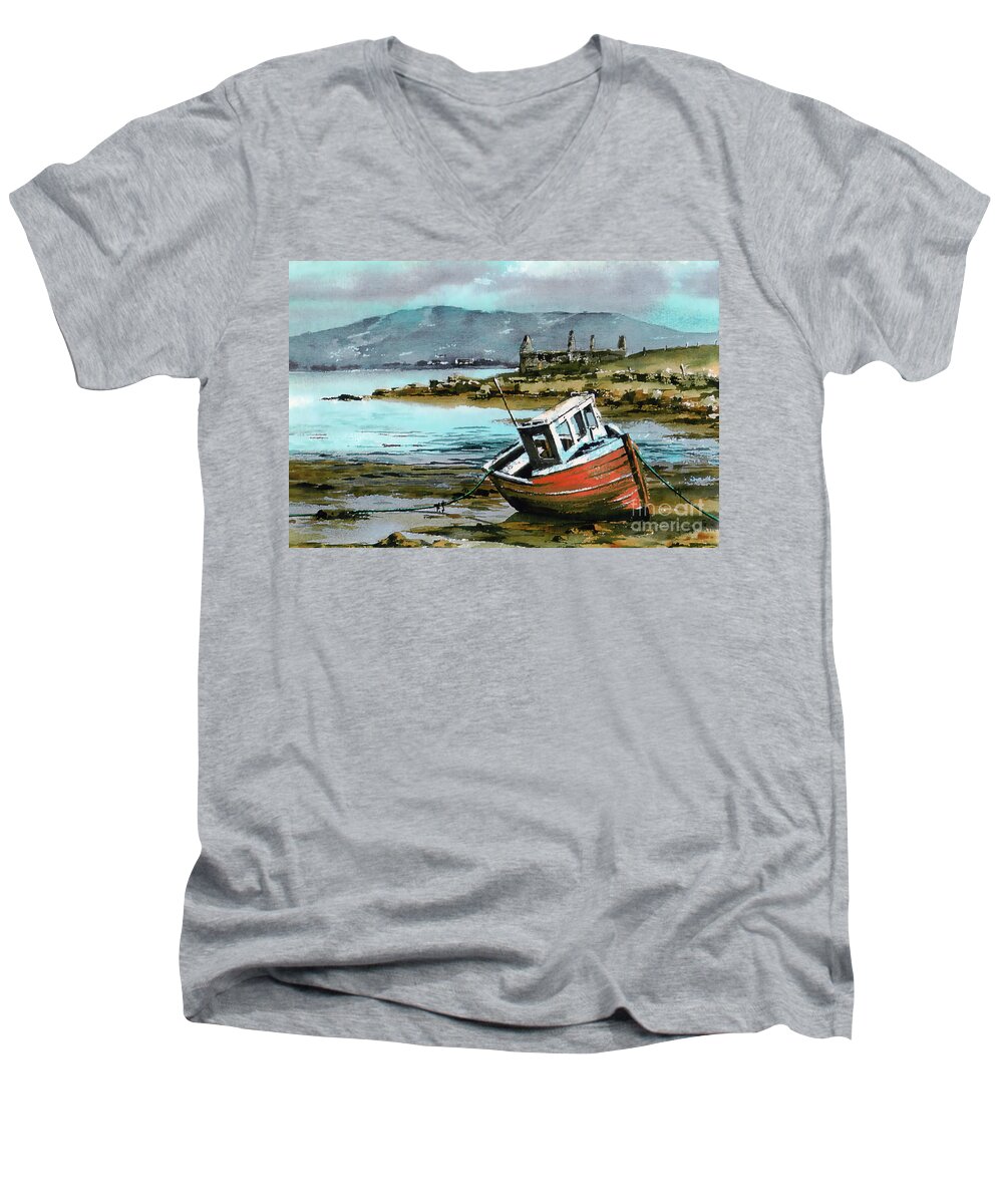 Val Byrne Men's V-Neck T-Shirt featuring the painting Mayo..Red Boat at Coraun. by Val Byrne