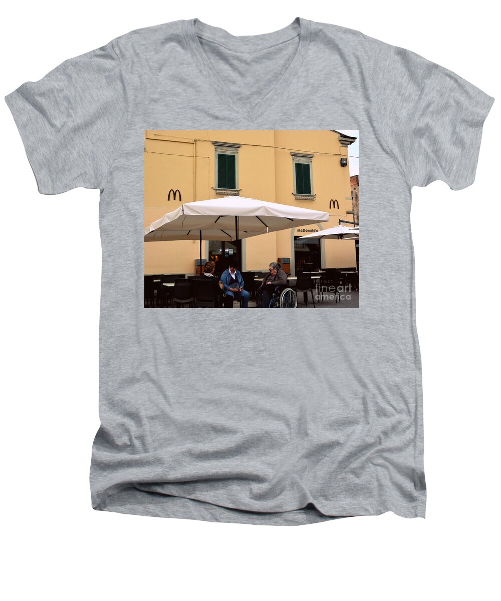 Italy Men's V-Neck T-Shirt featuring the photograph McDonald's in Pisa, Italy by Tatyana Searcy