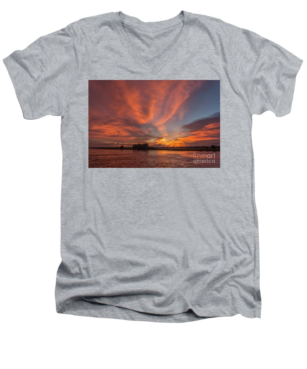 Sunset Men's V-Neck T-Shirt featuring the photograph Mekong Sunset 3 by Werner Padarin