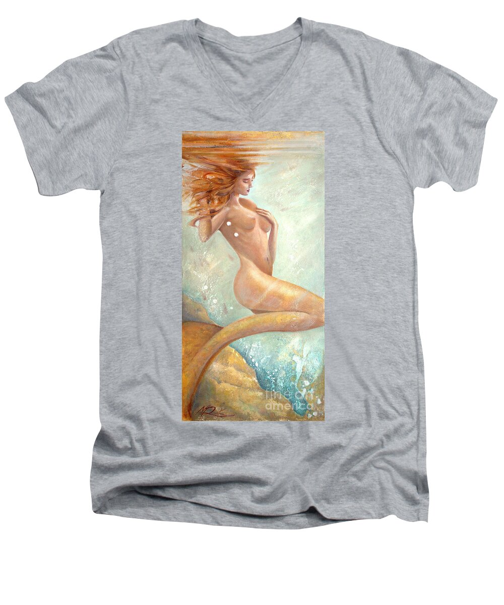 Nude Men's V-Neck T-Shirt featuring the painting Mermaid Dream by Michael Rock