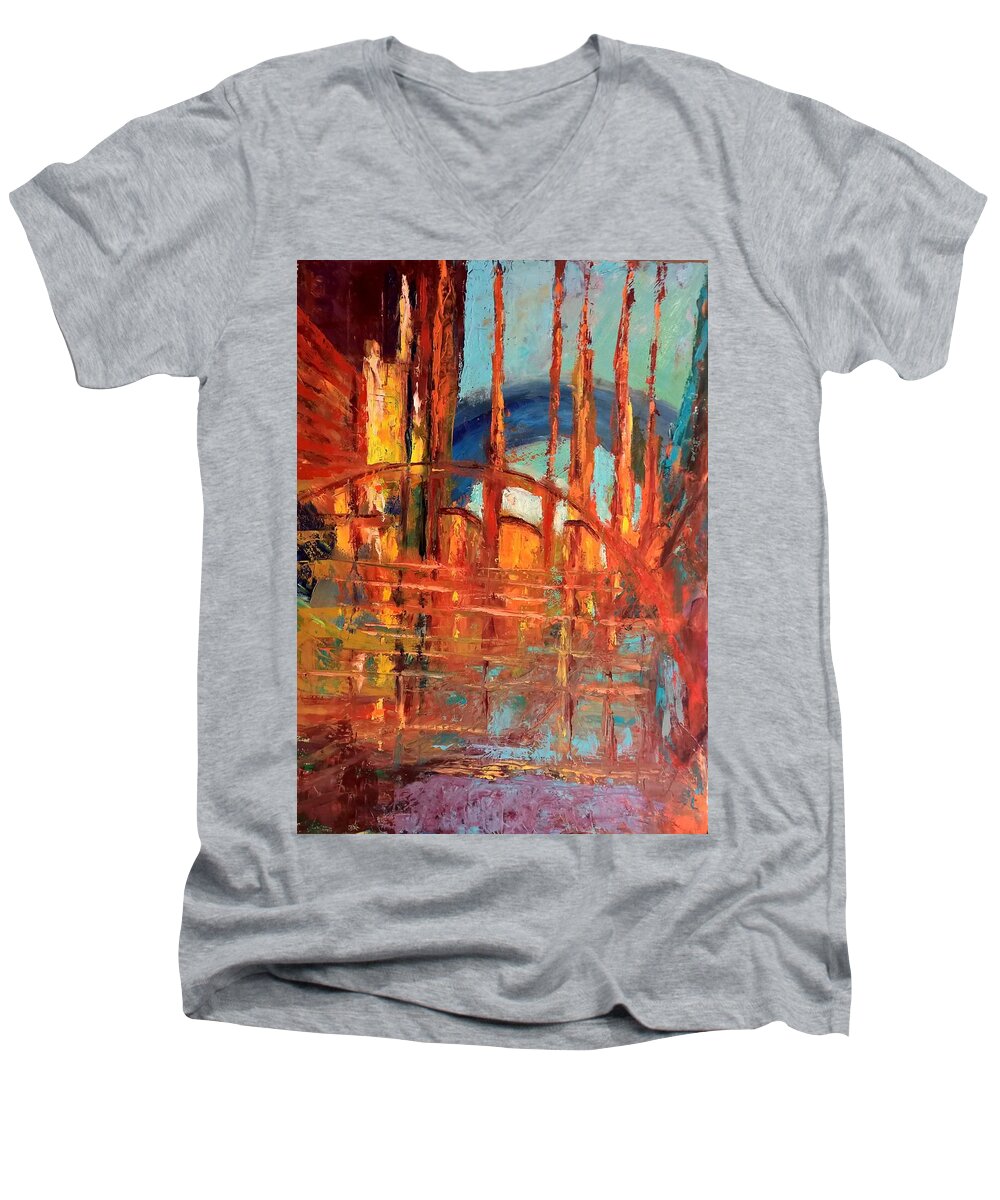 Abstract Men's V-Neck T-Shirt featuring the painting Metropolis in Space by Nicolas Bouteneff