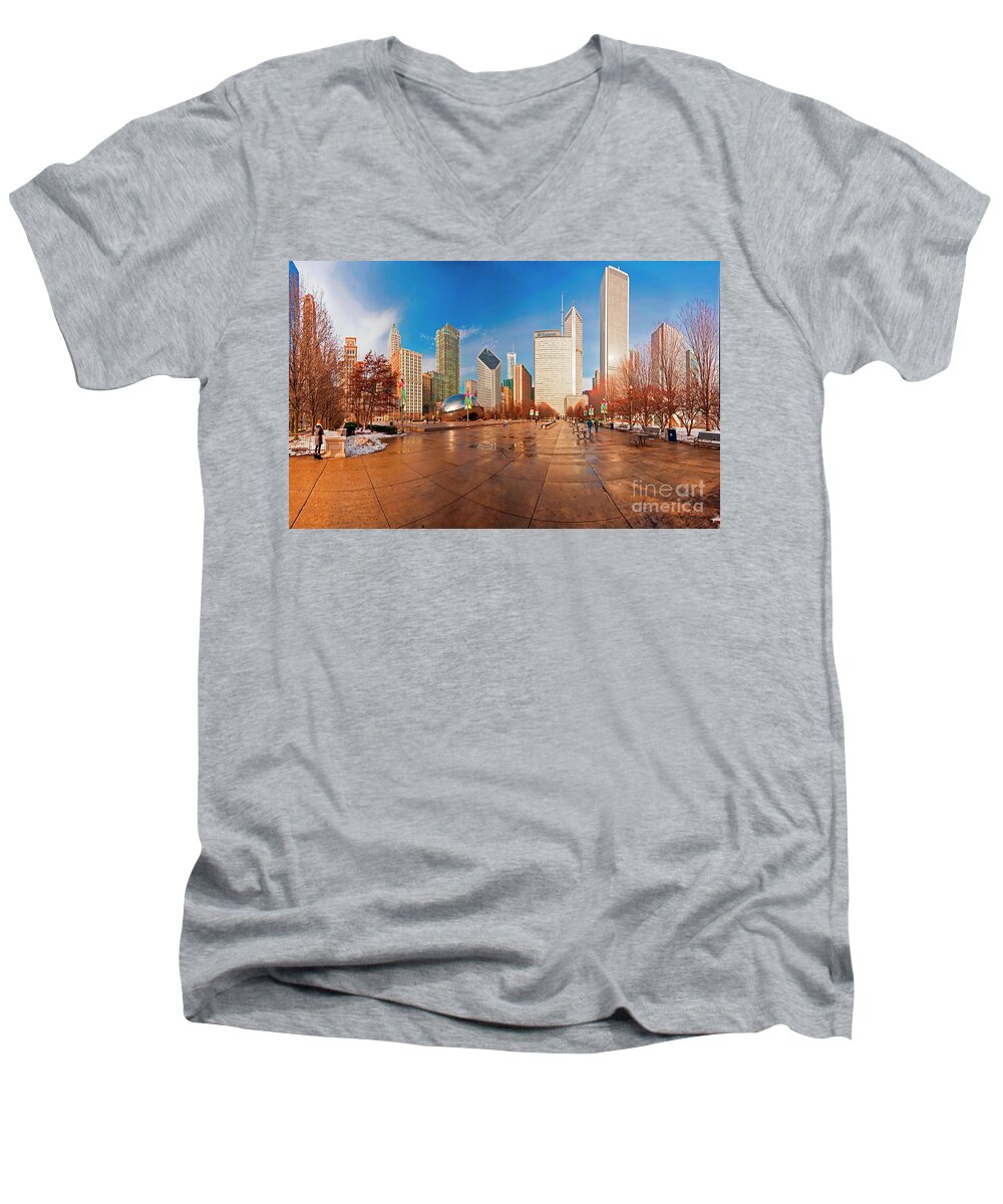 Millennium Men's V-Neck T-Shirt featuring the photograph Millennium Park Skyline and the Bean by Tom Jelen