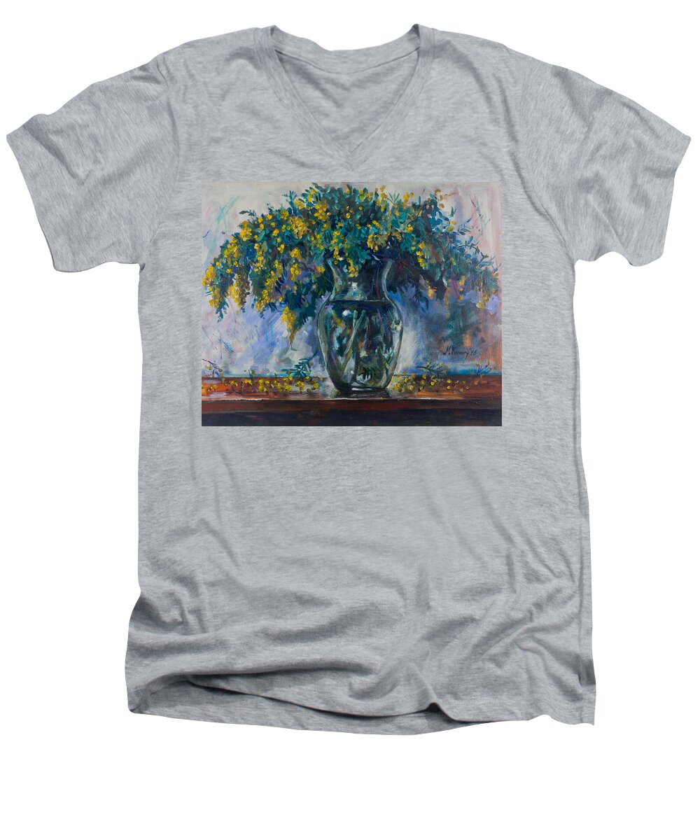 Flowers Men's V-Neck T-Shirt featuring the painting Mimosa by Maxim Komissarchik