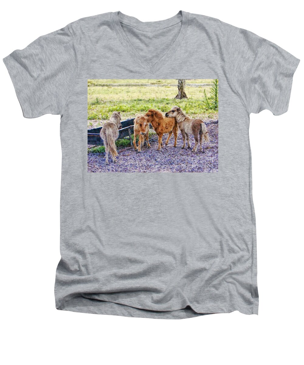 Miniature Horses Men's V-Neck T-Shirt featuring the mixed media Miniature Horses by Olga Hamilton