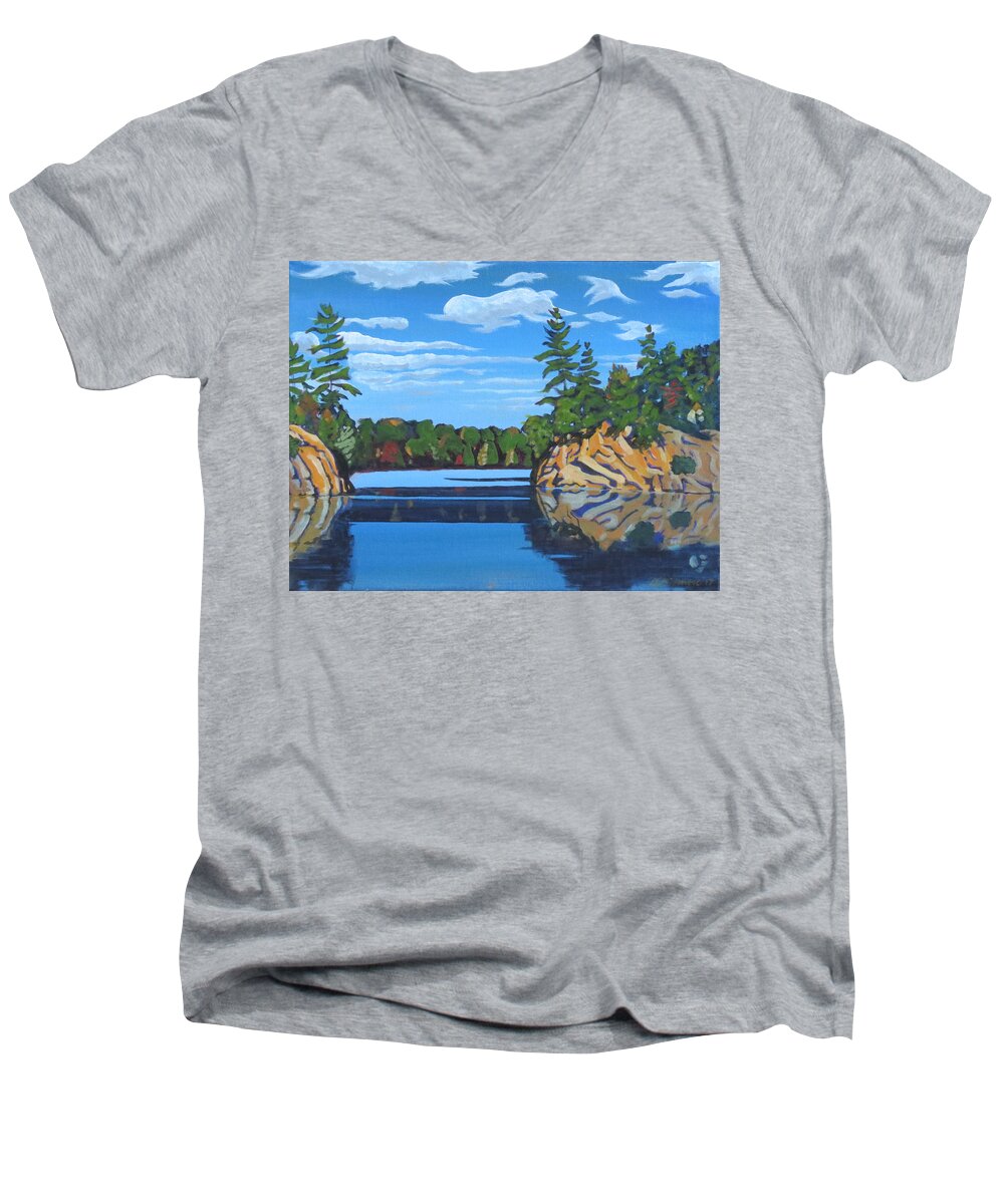 Canadian Shield Men's V-Neck T-Shirt featuring the painting Mink Lake Gap by David Gilmore