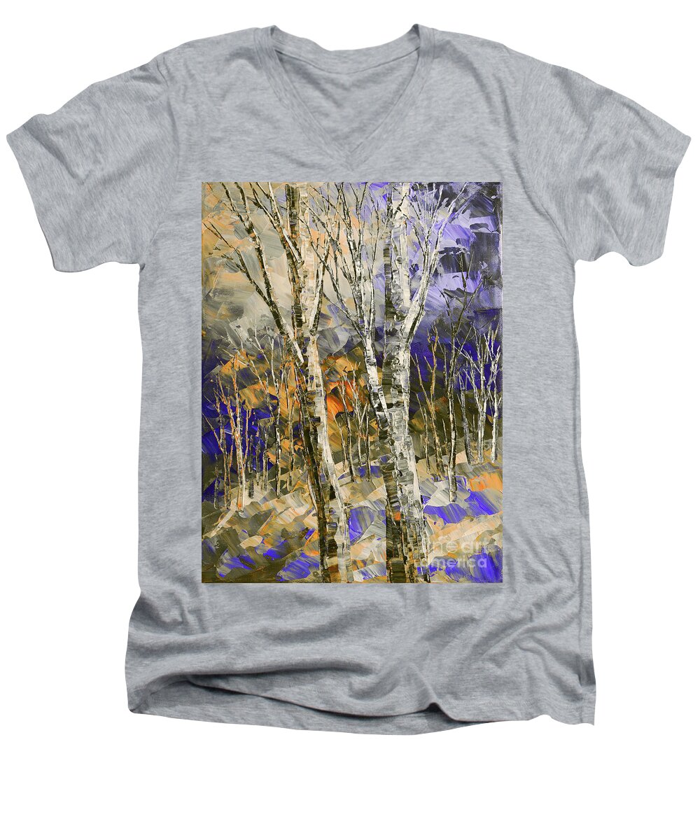 Impressionist Men's V-Neck T-Shirt featuring the painting Mirkwood Moonlight by Tatiana Iliina