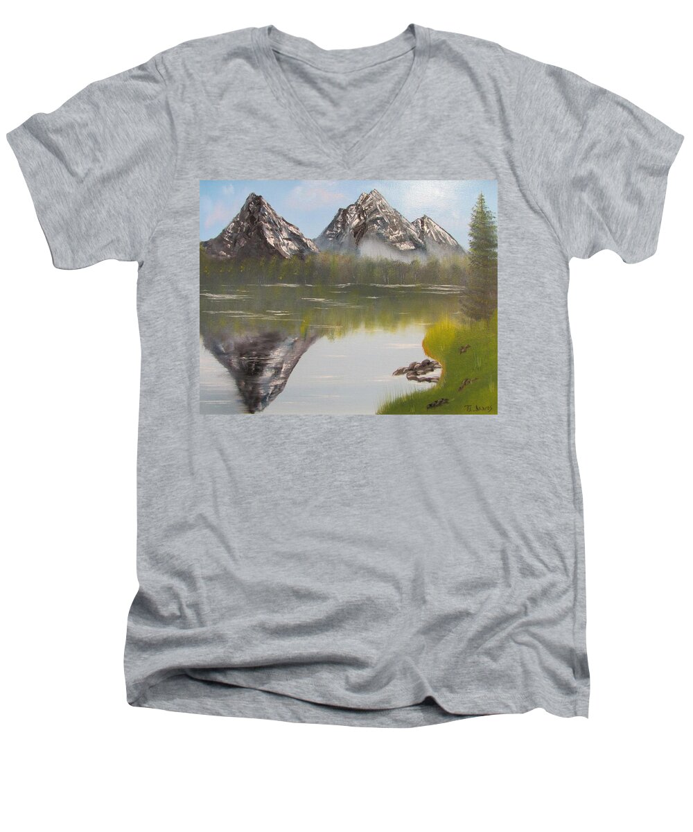 Mountain Men's V-Neck T-Shirt featuring the painting Mirror Mountain by Thomas Janos