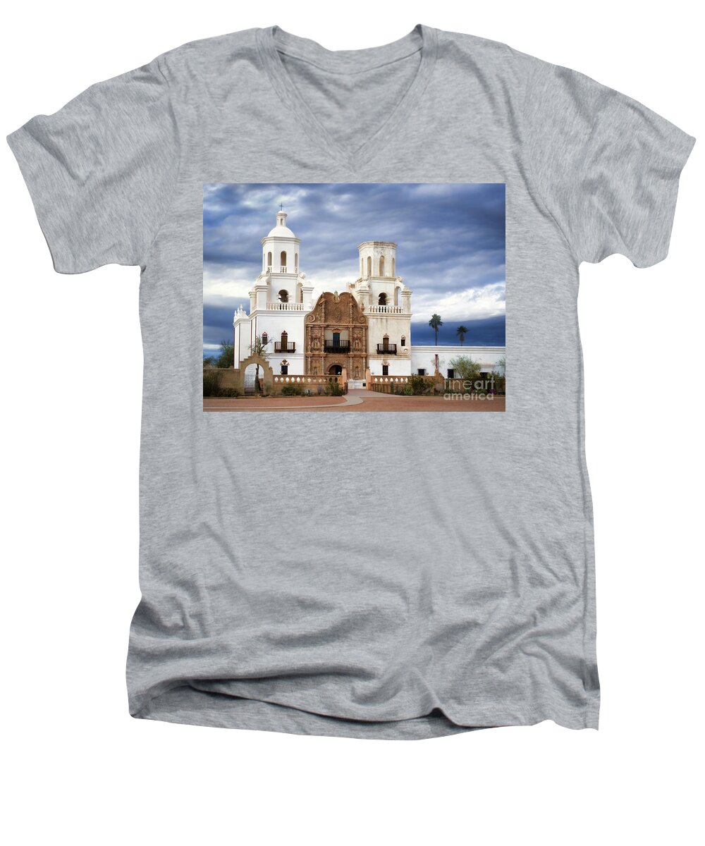 Fine Art Men's V-Neck T-Shirt featuring the photograph Mission San Xavier Del Bac by Donna Greene