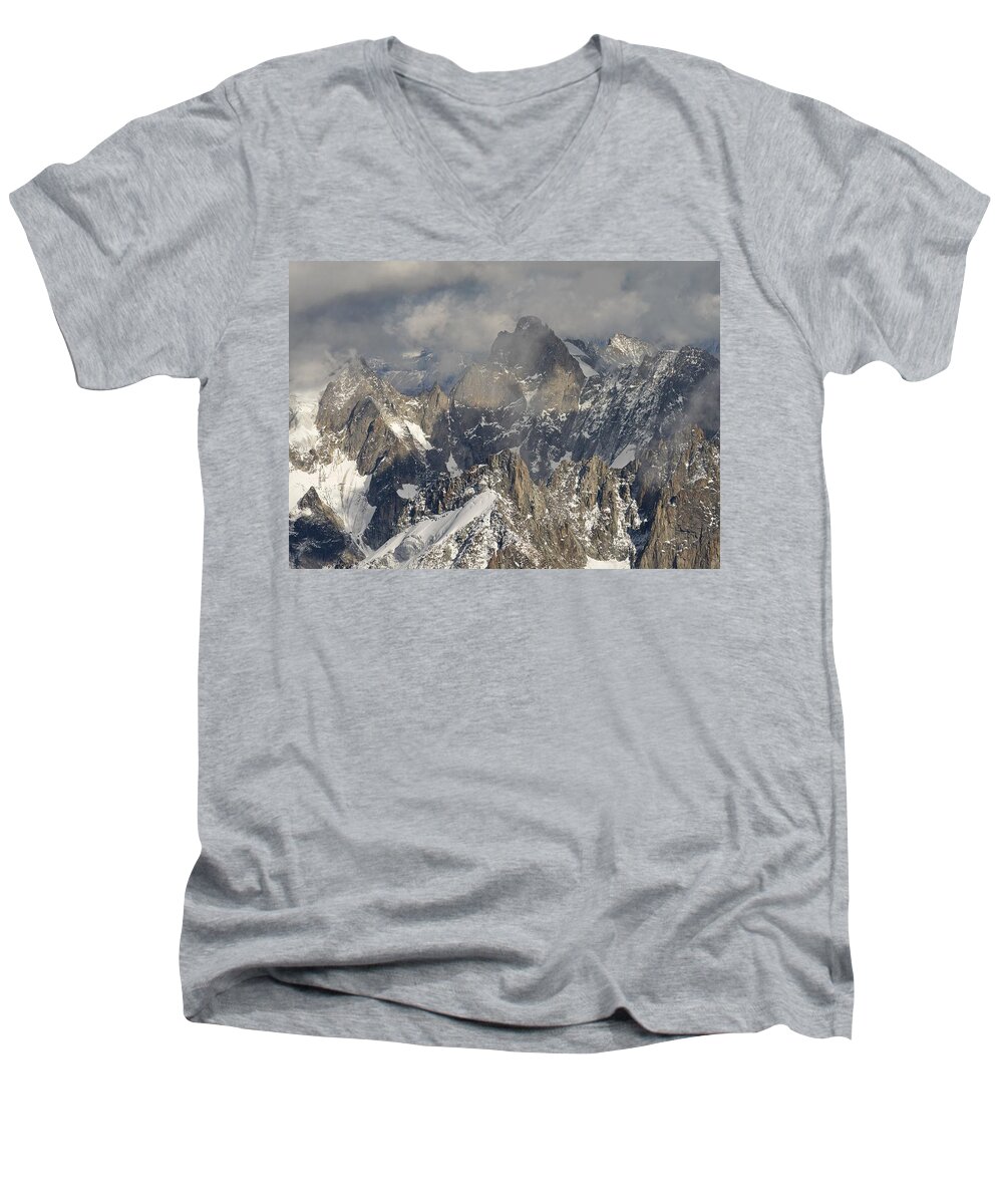 Aiguille Du Midi Men's V-Neck T-Shirt featuring the photograph Mist and Light at Aiguille du Midi by Stephen Taylor