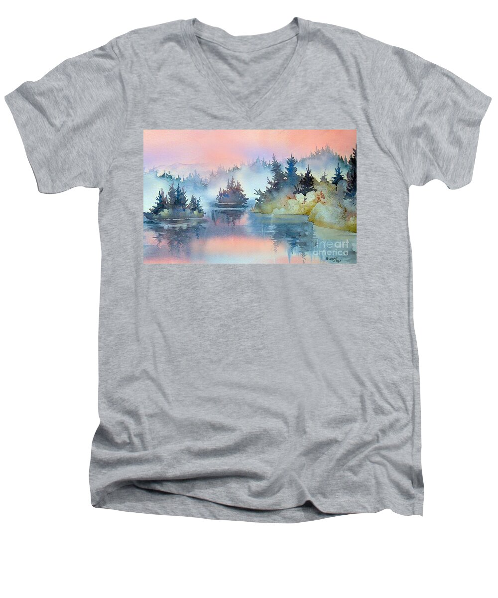Mist At Sunrise Men's V-Neck T-Shirt featuring the painting Mist at Sunrise by Teresa Ascone