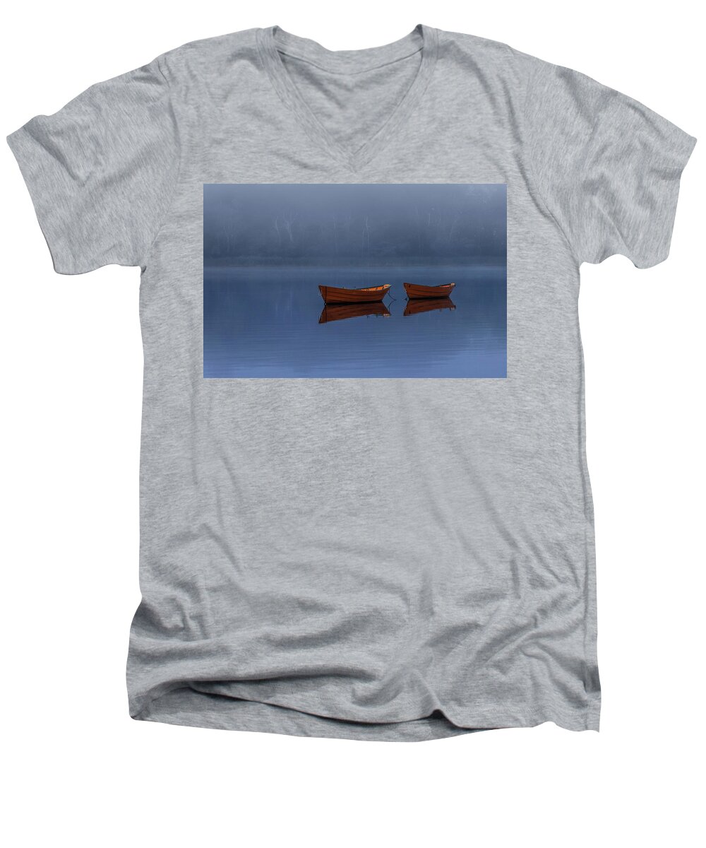 Boats Men's V-Neck T-Shirt featuring the photograph Mists of Time by Rob Davies