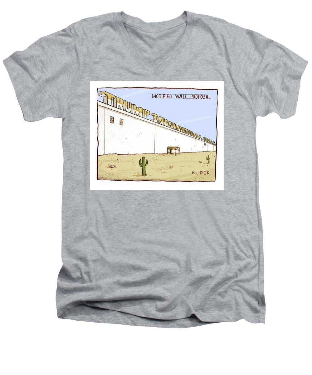 Modified Wall Proposal: Trump International Hotel Men's V-Neck T-Shirt featuring the drawing Modified Wall Proposal by Peter Kuper