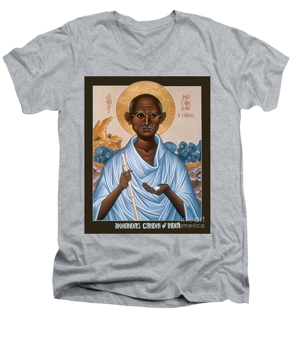 Mohandas Gandhi Men's V-Neck T-Shirt featuring the painting Mohandas Gandhi - RLMOG by Br Robert Lentz OFM