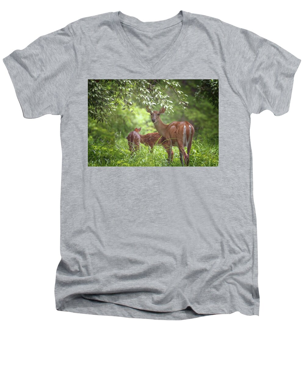 Deer Men's V-Neck T-Shirt featuring the photograph Mom with Twins by Susan Rissi Tregoning