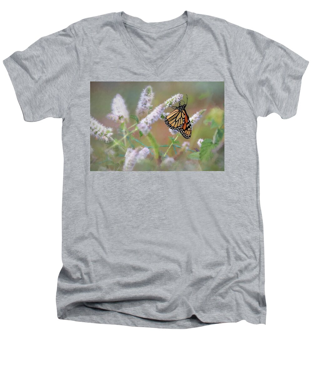 Butterfly Men's V-Neck T-Shirt featuring the photograph Monarch on Mint 2 by Lori Deiter