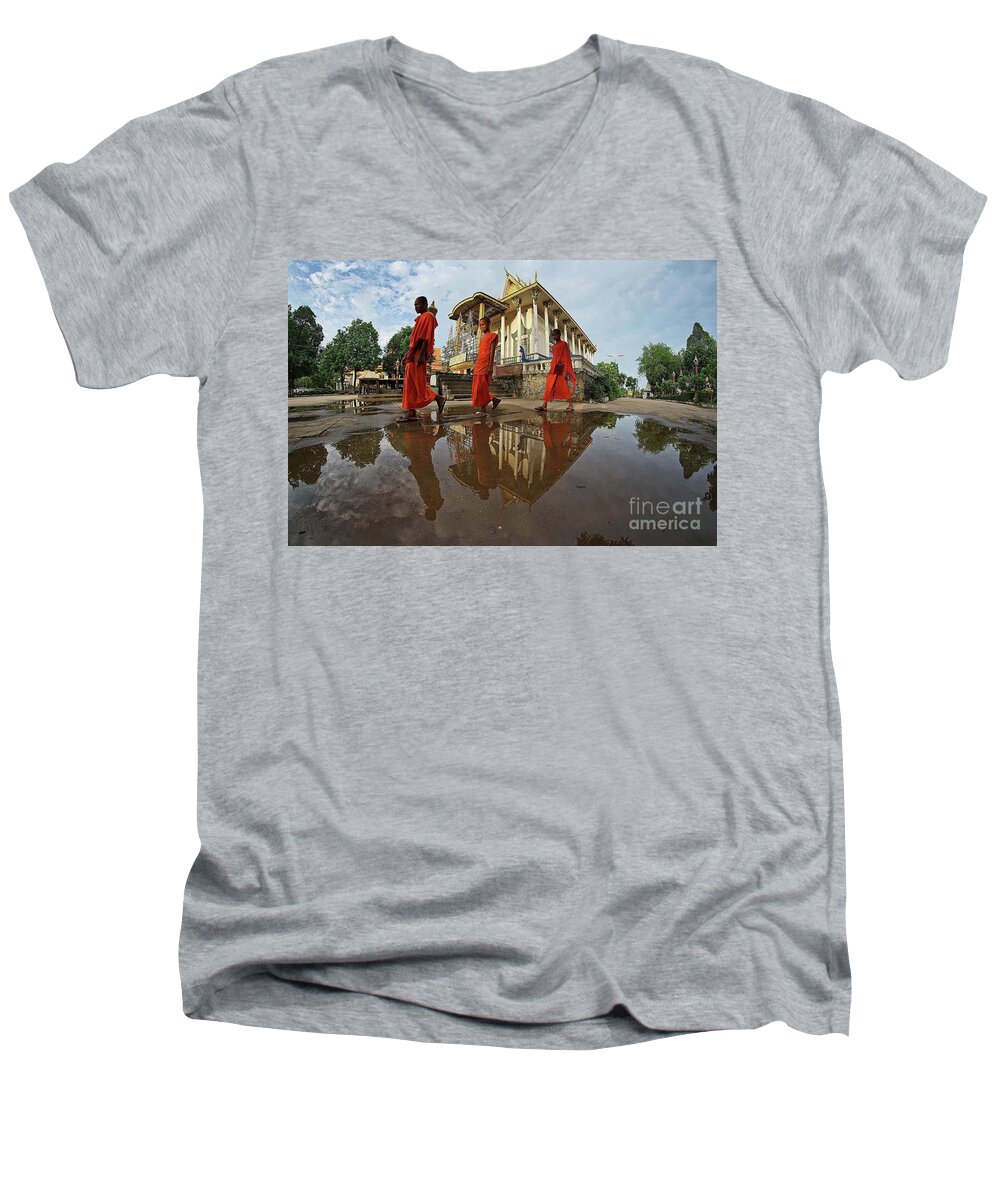 Documentary Men's V-Neck T-Shirt featuring the photograph Monk Back Home by Arik S Mintorogo