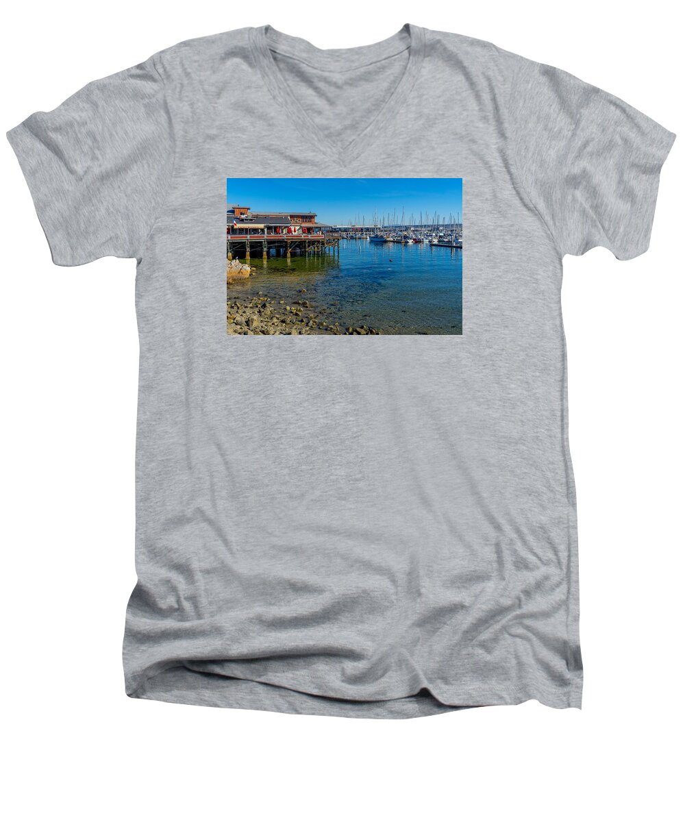 Monterey Men's V-Neck T-Shirt featuring the photograph Monterey Harbor Morning by Derek Dean