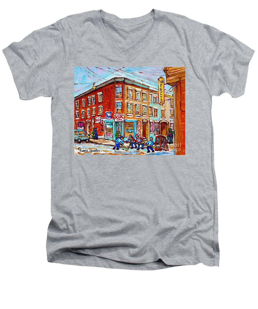 Montreal Men's V-Neck T-Shirt featuring the painting Montreal Storefront Paintings Debullion Street Hockey Art Quebec Winterscenes C Spandau Canadian Art by Carole Spandau