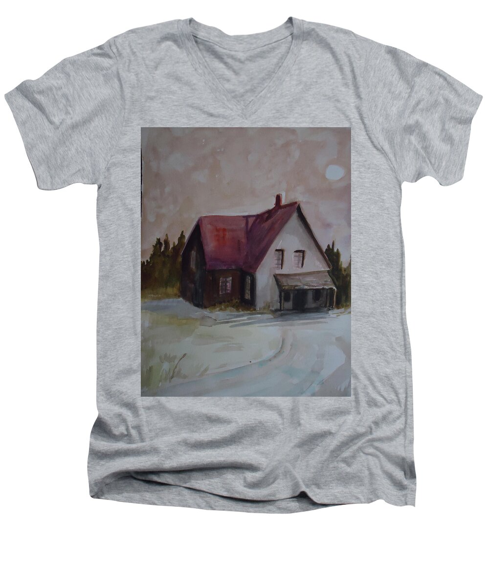 A Charming Cottage Under A Moonlit Sky Makes A Storybook Come True. Men's V-Neck T-Shirt featuring the painting Moon House by Charme Curtin