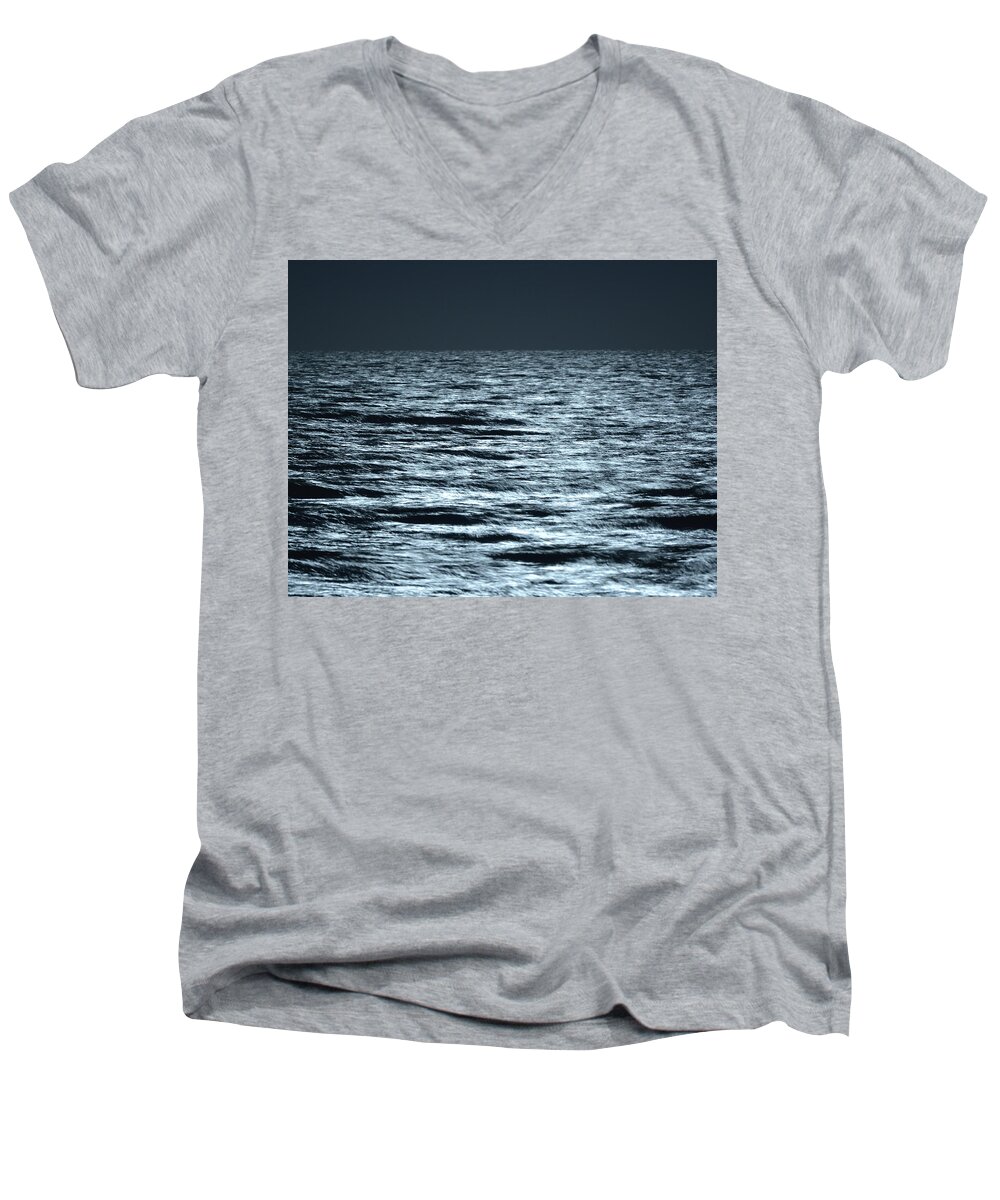 Moon Men's V-Neck T-Shirt featuring the photograph Moonlight on the ocean by Nancy Landry