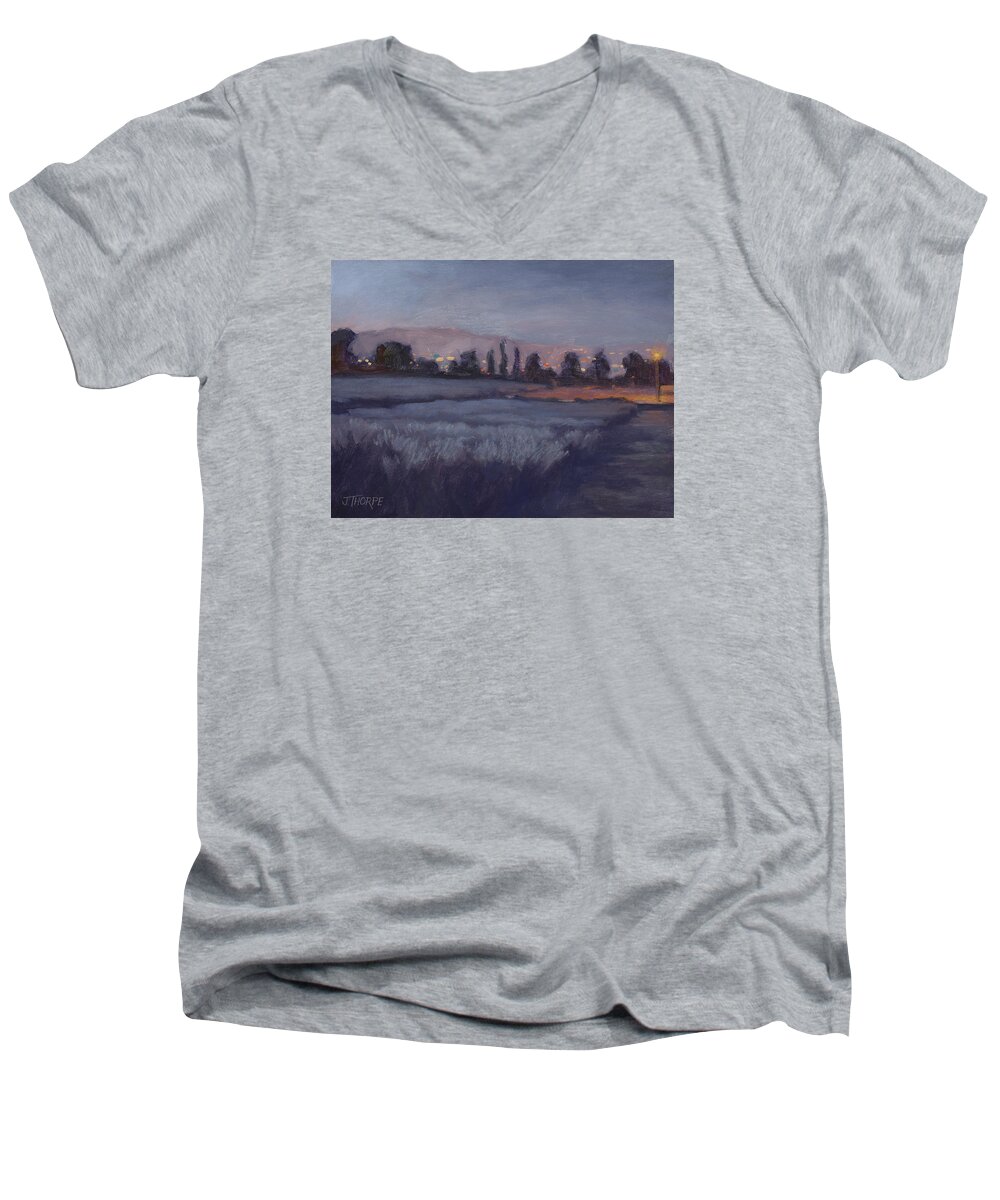 Moonlight Men's V-Neck T-Shirt featuring the painting Moonlit Lavender Fields by Jane Thorpe
