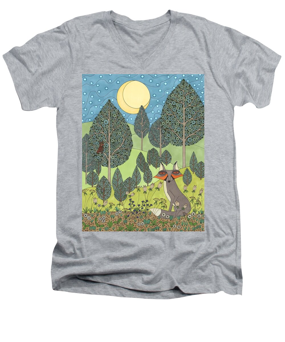 Fox Men's V-Neck T-Shirt featuring the drawing Moonlit Meadow by Pamela Schiermeyer