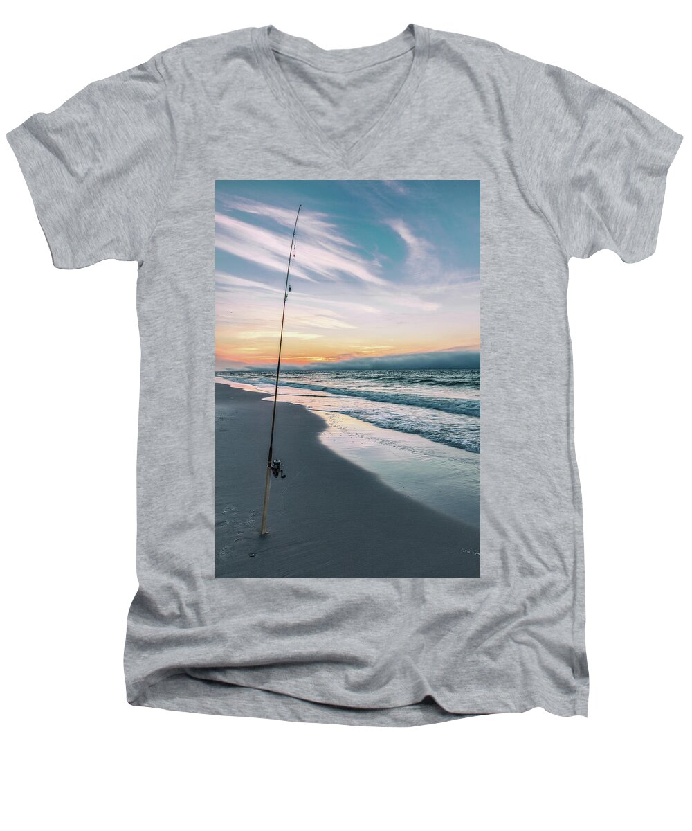 Alabama Men's V-Neck T-Shirt featuring the photograph Morning fishing at the beach by John McGraw