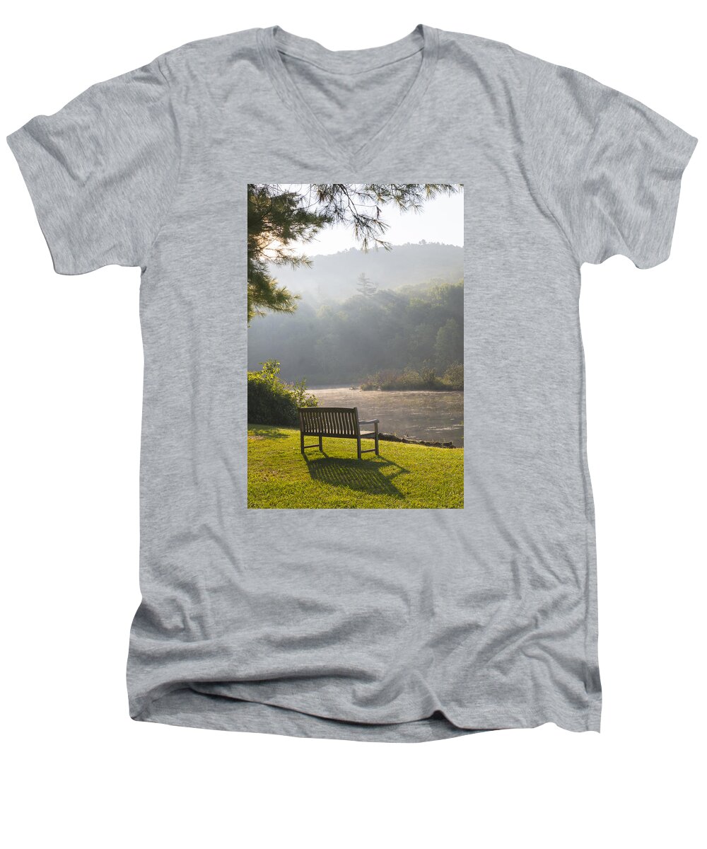 Pond Men's V-Neck T-Shirt featuring the photograph Morning rays on the pond and bench by Vance Bell