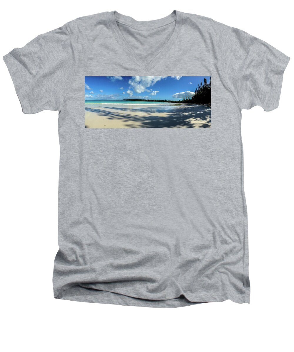 Panorama Men's V-Neck T-Shirt featuring the photograph Morning shadows Ile des Pins by Dorothy Darden
