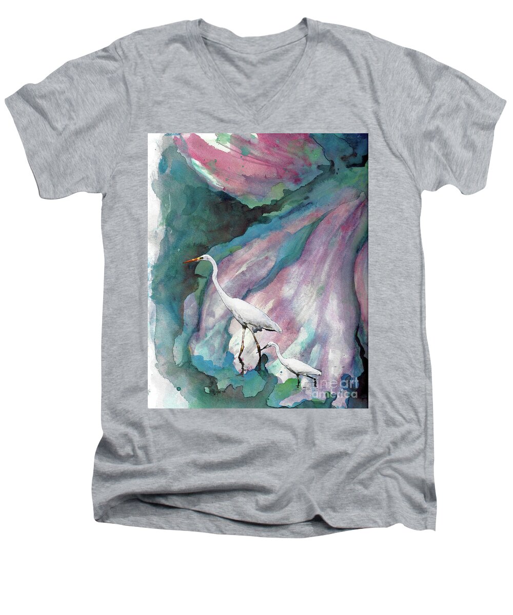 #creativemother Men's V-Neck T-Shirt featuring the painting Mother and Child Egrets by Francelle Theriot