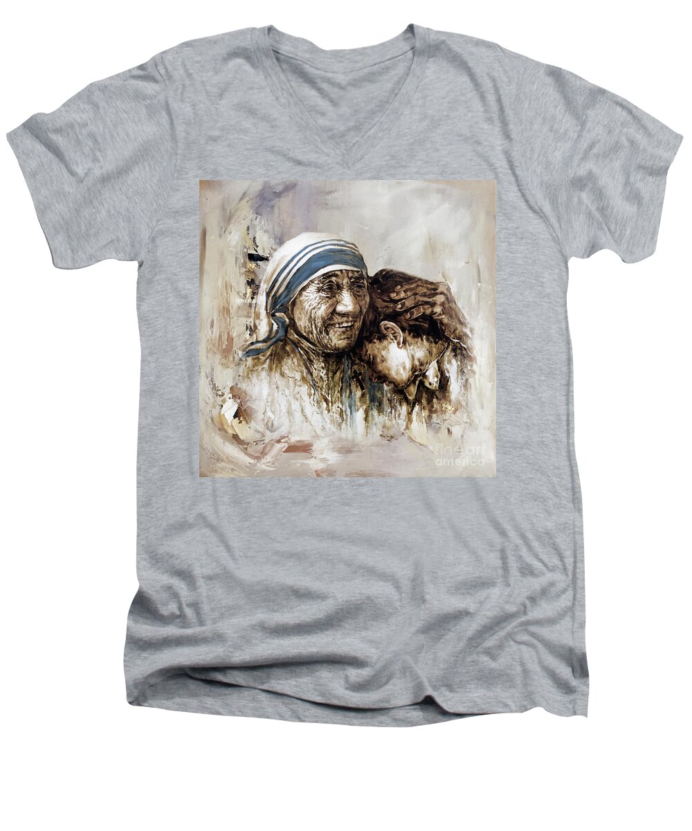 Mother Teresa Men's V-Neck T-Shirt featuring the painting Mother Teresa by Gull G