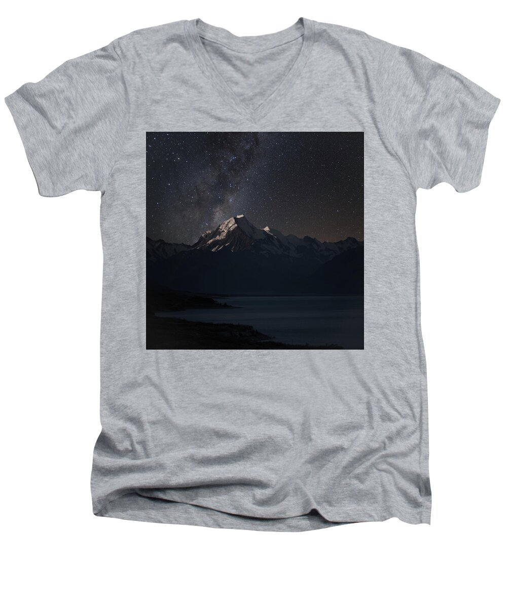 Mount Cook Men's V-Neck T-Shirt featuring the photograph Mount Cook and lake Pukaki at night by Martin Capek
