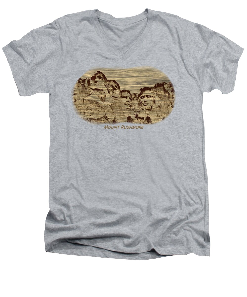 Landscape Men's V-Neck T-Shirt featuring the photograph Mount Rushmore Woodburning 2 by John M Bailey