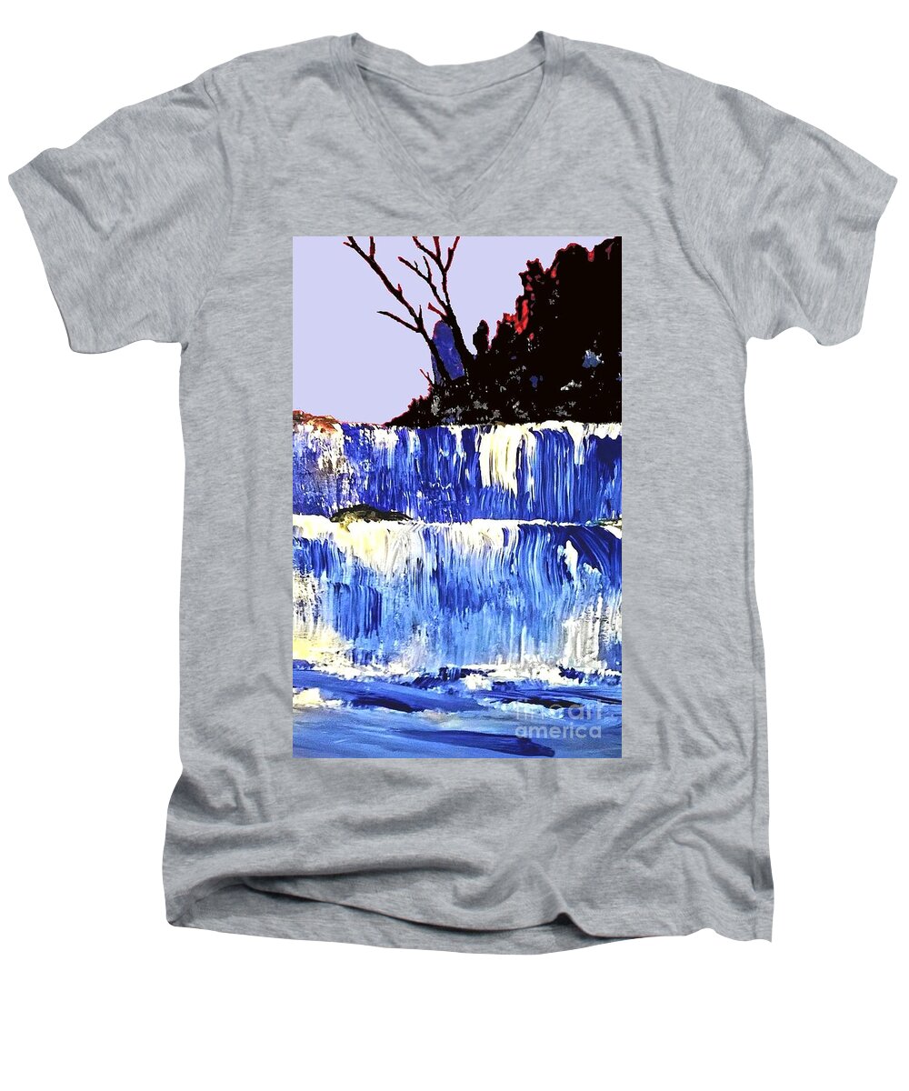 Mountain Falls Forest Water Men's V-Neck T-Shirt featuring the painting Mountain Falls by James and Donna Daugherty