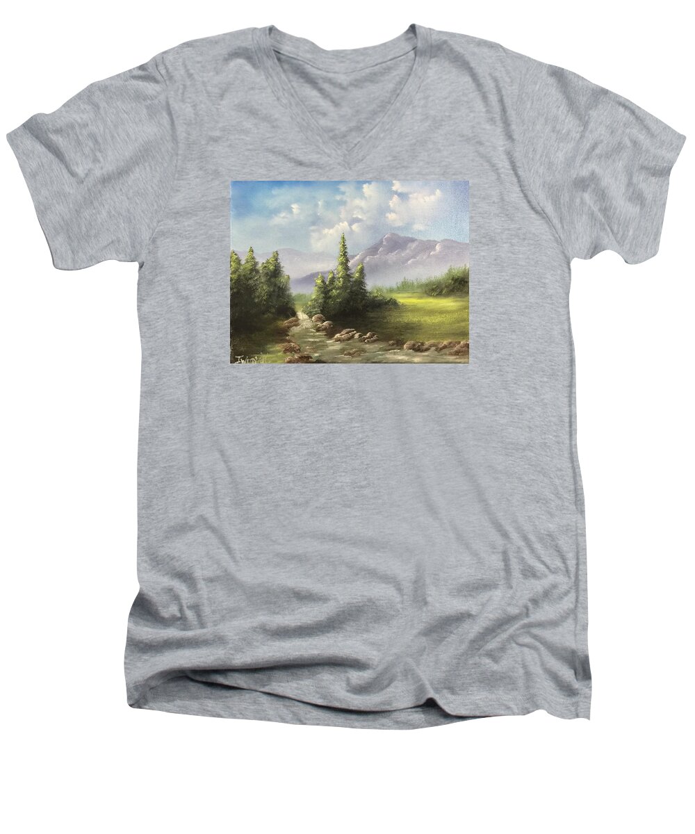 Mountain Landscape Water Sky Oil Nature Trees River Men's V-Neck T-Shirt featuring the painting Mountain meadow by Justin Wozniak