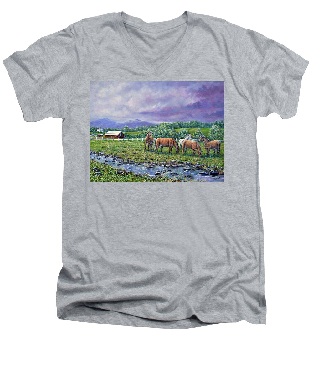 Landscape Mountains Farm Horses Barn Rain Clouds Stream Purple Green Grass Men's V-Neck T-Shirt featuring the painting Mountain Rain by Gail Butler