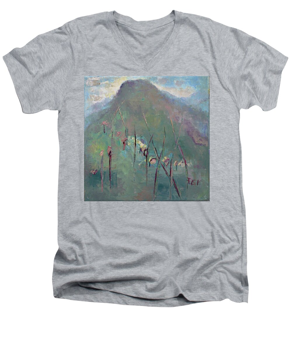 Landscape Men's V-Neck T-Shirt featuring the painting Mountain Visit by Becky Kim