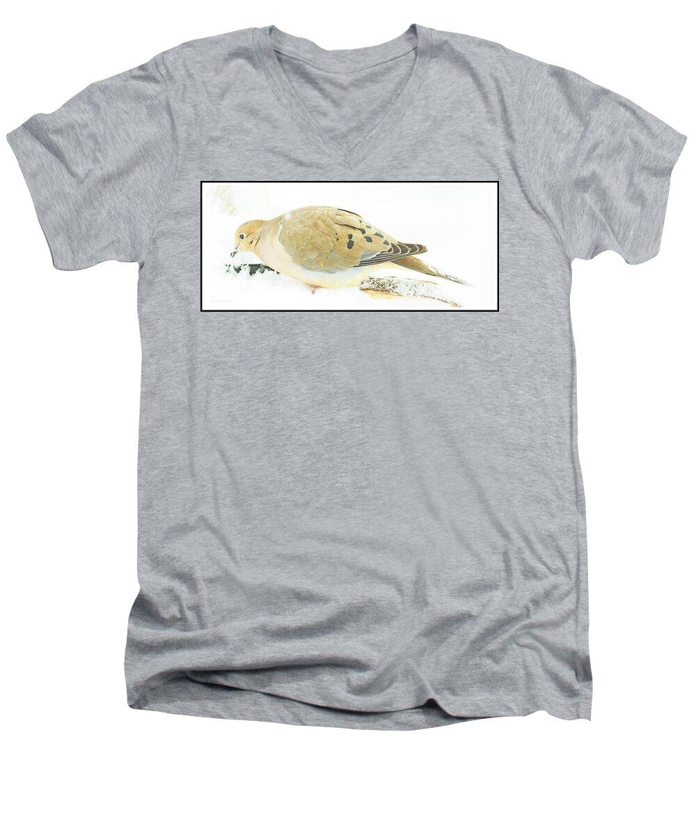 Mourning Dove Men's V-Neck T-Shirt featuring the photograph Mourning Dove on Snow Covered Feeder by A Macarthur Gurmankin