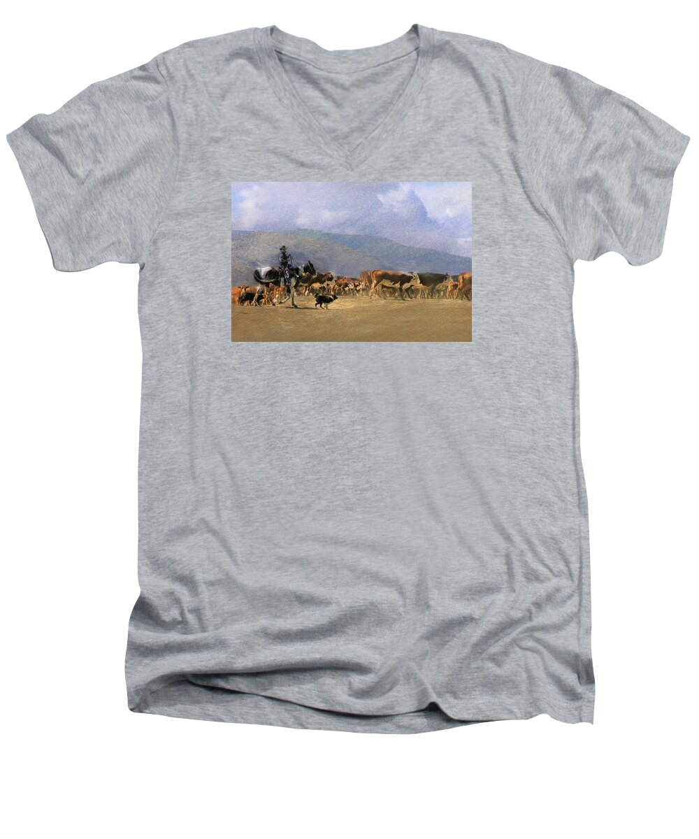 Cowboy Men's V-Neck T-Shirt featuring the photograph Move Em Out by Ed Hall