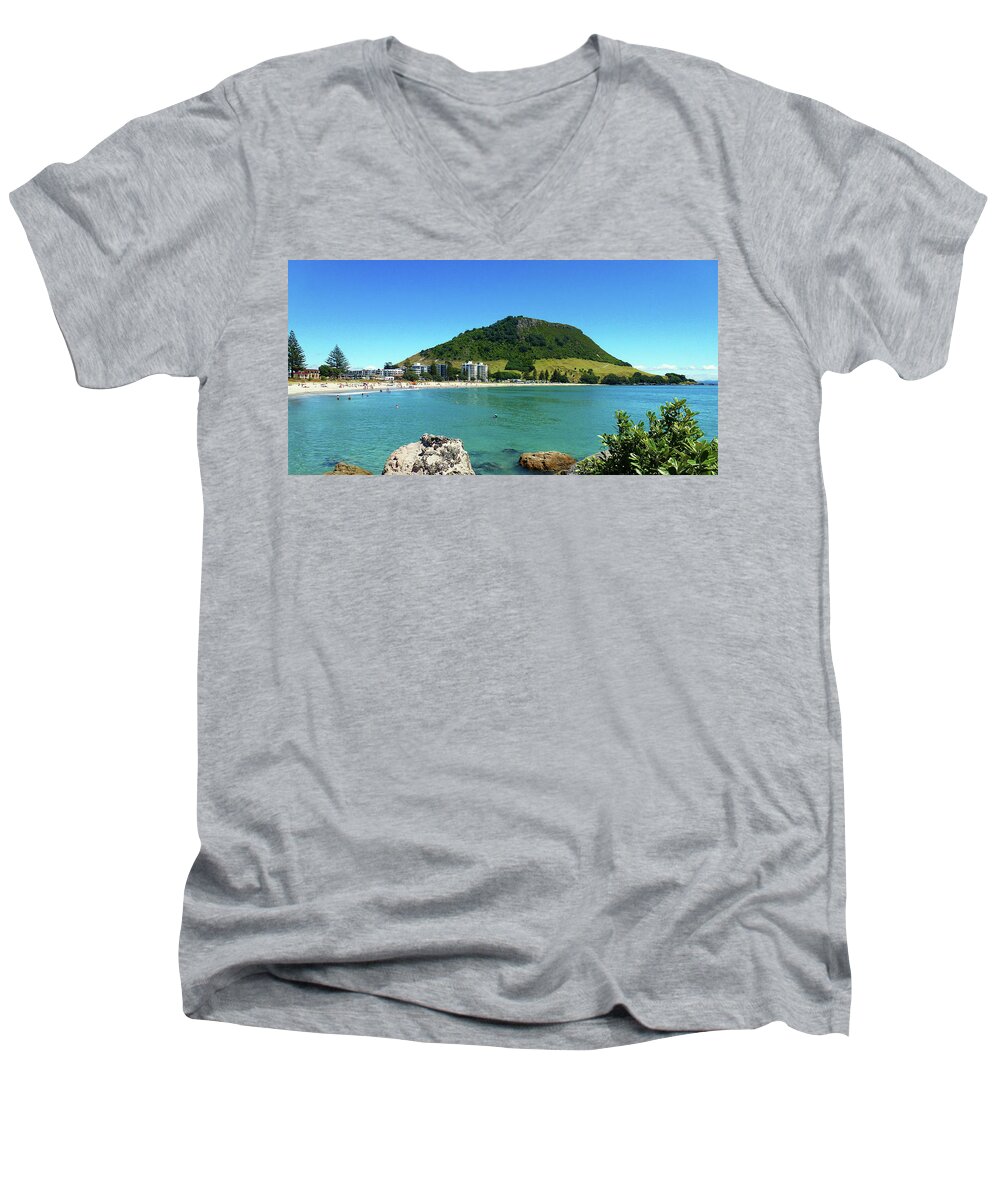 Mt Maunganui Men's V-Neck T-Shirt featuring the photograph Mt Maunganui Beach 7 - Tauranga New Zealand by Selena Boron