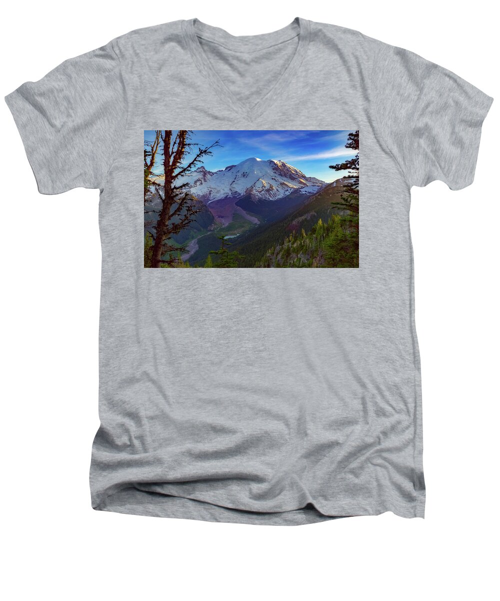Mountain Men's V-Neck T-Shirt featuring the photograph Mt Rainier at Emmons Glacier by Ken Stanback