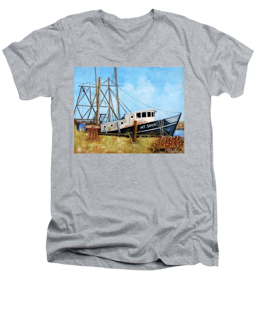 Belford Fishing Port Men's V-Neck T-Shirt featuring the painting Mt. Sinai Fishing Boat by Leonardo Ruggieri