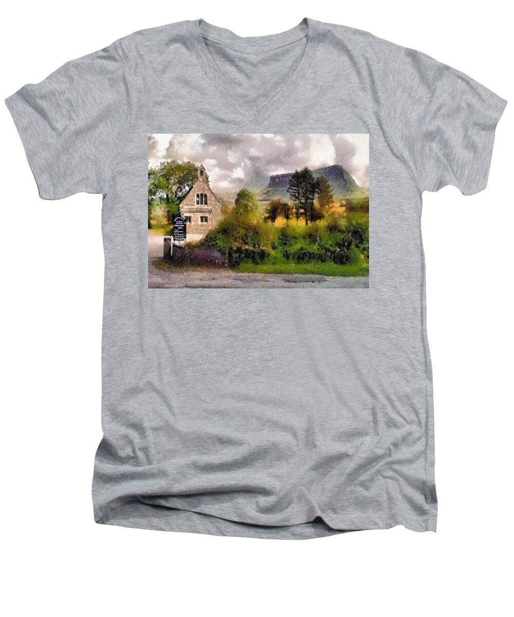 Landscape Men's V-Neck T-Shirt featuring the digital art Mullaghnaneane Church and Ben Bulben by Charmaine Zoe