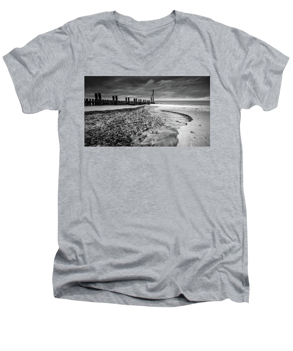 Beach Men's V-Neck T-Shirt featuring the photograph Mundesley Beach - mono by James Billings