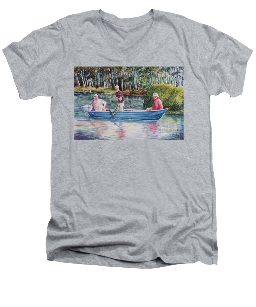 Fishing Scene Men's V-Neck T-Shirt featuring the painting Musky Madness by Marilyn Smith