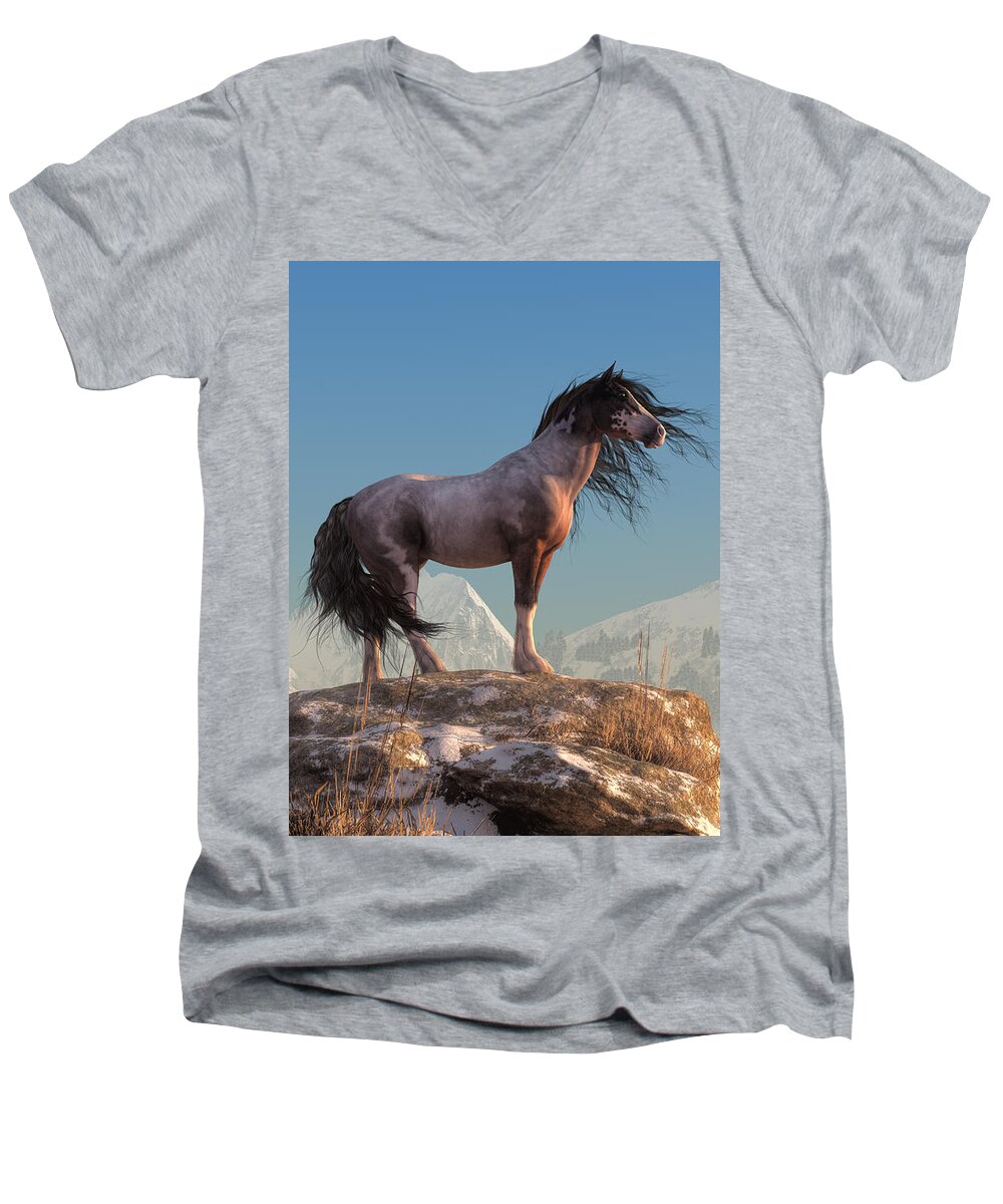  Men's V-Neck T-Shirt featuring the digital art Mustang by Daniel Eskridge