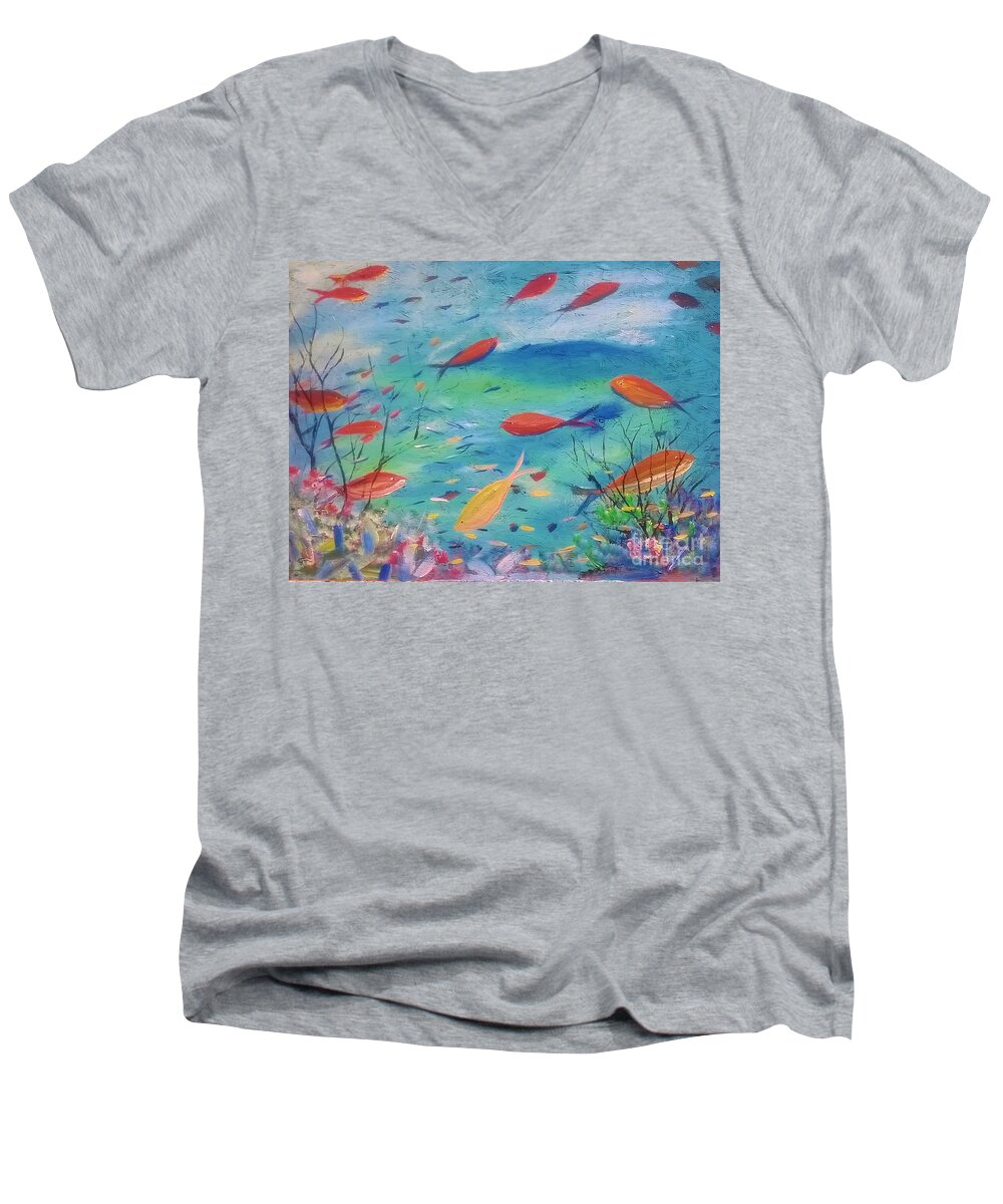 Blue Beach Ocean Fish Tropical Island Reef Men's V-Neck T-Shirt featuring the painting My Blue Sea by James and Donna Daugherty