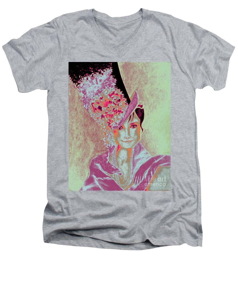 Audrey Hepburn Men's V-Neck T-Shirt featuring the painting My Fair Audrey -- in Raspberry and Orange by Jayne Somogy